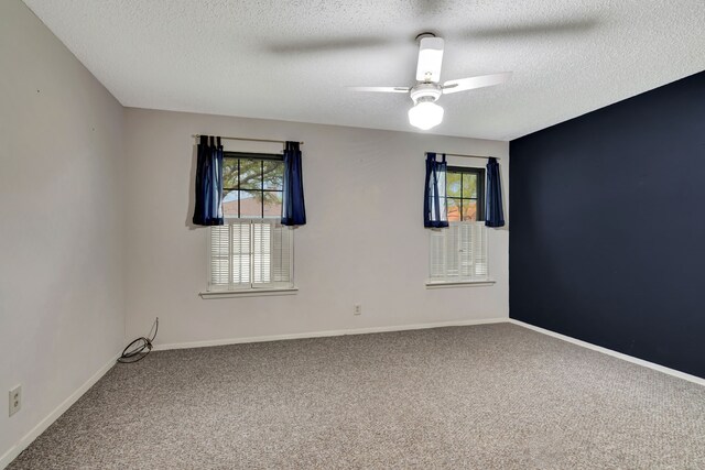 spare room featuring a textured ceiling, plenty of natural light, a ceiling fan, and carpet floors