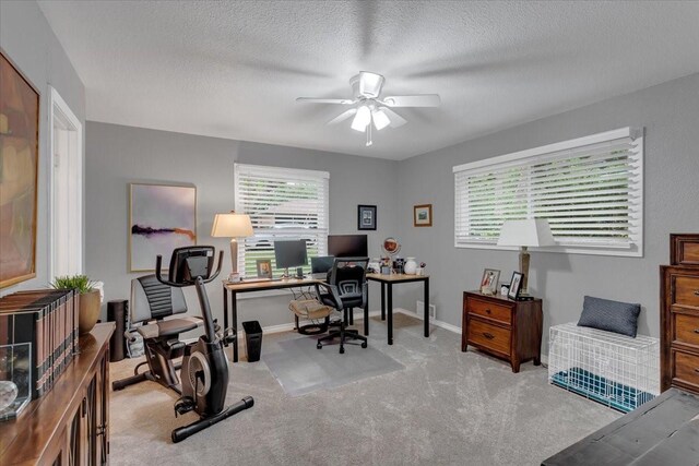 carpeted office space featuring a textured ceiling, ceiling fan, and plenty of natural light