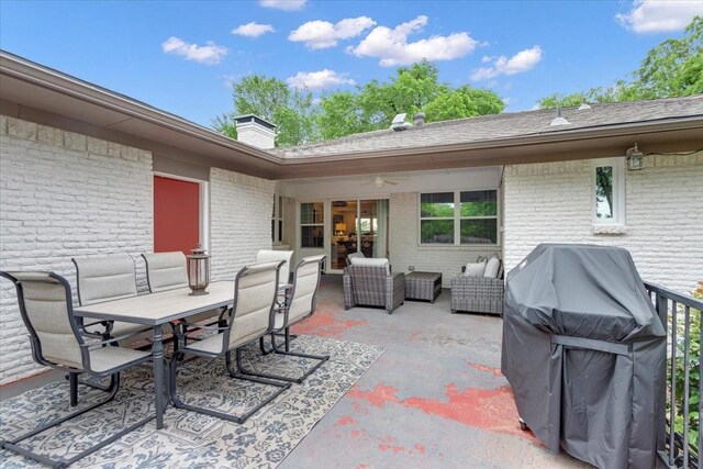 view of patio with outdoor dining space, ceiling fan, an outdoor living space, and a grill