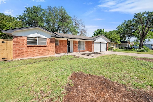 5816 Sandra Dr, Fort Worth, TX 76133 - ranch-style house featuring a garage, brick siding, fence, a front lawn, and concrete driveway