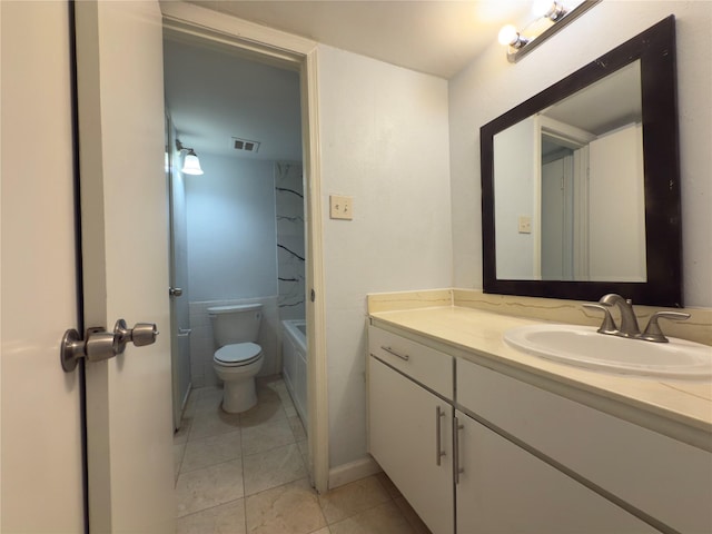 full bath with toilet, tile patterned flooring, visible vents, and vanity
