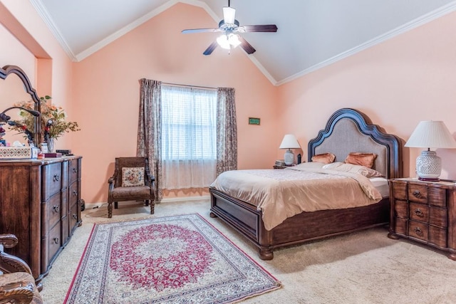 bedroom featuring ornamental molding, ceiling fan, light colored carpet, and vaulted ceiling