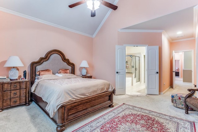 bedroom featuring ornamental molding, lofted ceiling, light carpet, and baseboards