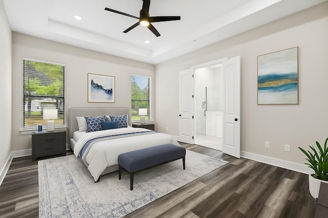 328 Brandon Way, Pottsboro, TX 75076 - bedroom with a raised ceiling, multiple windows, dark wood finished floors, and recessed lighting