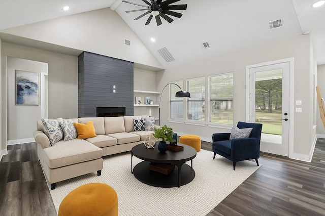 328 Brandon Way, Pottsboro, TX 75076 - living room with ceiling fan, dark wood finished floors, high vaulted ceiling, a large fireplace, and recessed lighting