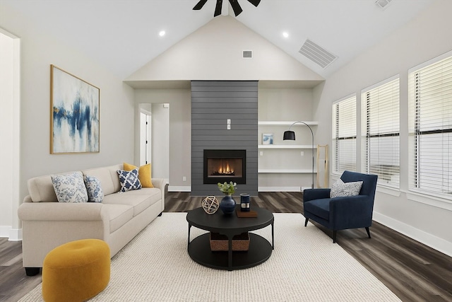 328 Brandon Way, Pottsboro, TX 75076 - living area featuring dark wood-type flooring, a ceiling fan, a fireplace, lofted ceiling, and recessed lighting