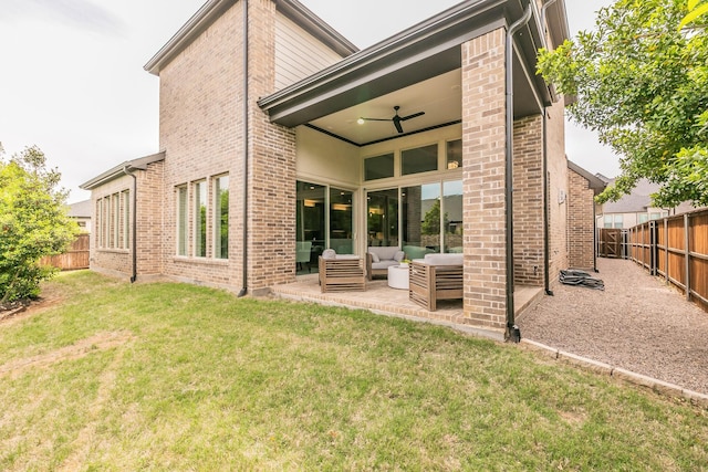 3901 Campania Ct, Colleyville, TX 76034 - back of property with an outdoor hangout area, a ceiling fan, a fenced backyard, and brick siding
