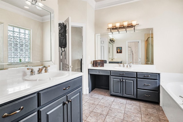 full bathroom with two vanities, ornamental molding, and a sink