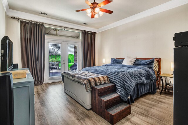 1701-1703 Weiskopf Dr, Heath, TX 75032 - bedroom featuring french doors, access to outside, crown molding, wood finished floors, and a ceiling fan