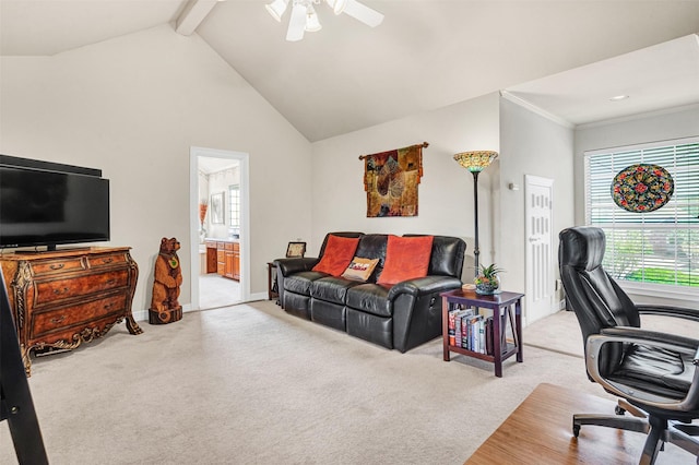 living area featuring a ceiling fan, carpet, beam ceiling, and a wealth of natural light