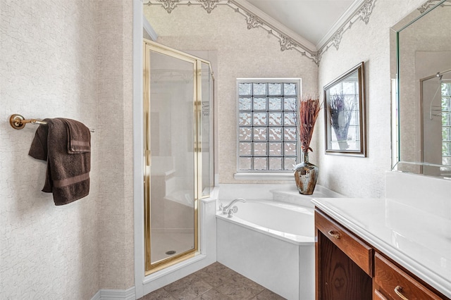 full bath with crown molding, lofted ceiling, a bath, and a stall shower
