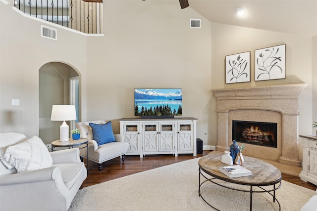 12248 Langley Hill Dr, Fort Worth, TX 76244 - living room featuring high vaulted ceiling, ceiling fan, wood finished floors, and a premium fireplace