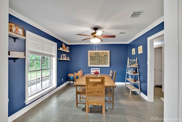 448 Kennie Rd, Shreveport, LA 71106 - dining room with visible vents, ornamental molding, and ceiling fan