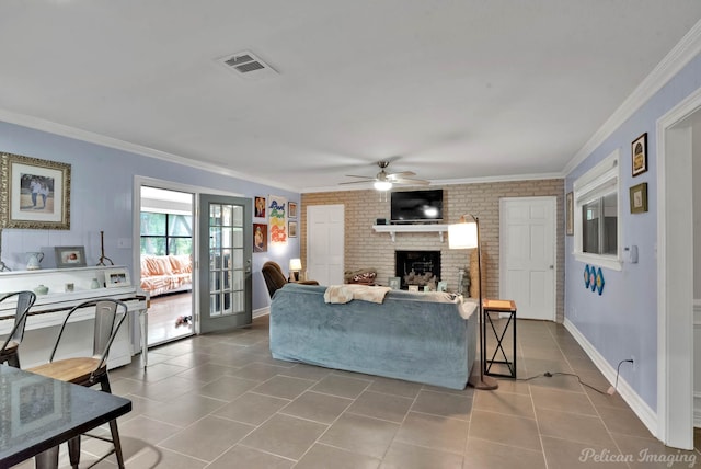 448 Kennie Rd, Shreveport, LA 71106 - living area with tile patterned flooring, brick wall, ornamental molding, ceiling fan, and visible vents