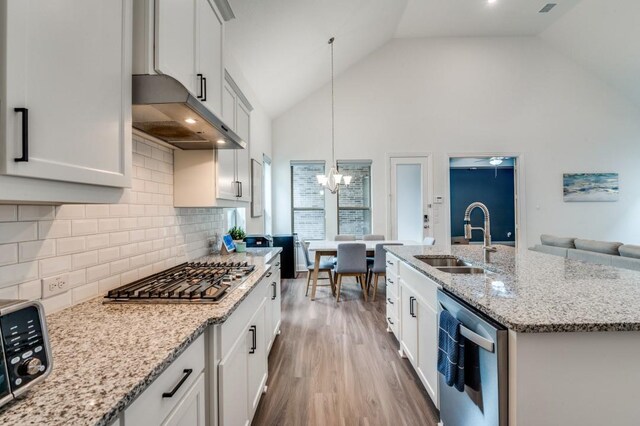 kitchen with a sink, under cabinet range hood, high vaulted ceiling, appliances with stainless steel finishes, and wood finished floors