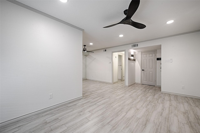 unfurnished living room with ceiling fan, visible vents, light wood-style floors, baseboards, and recessed lighting