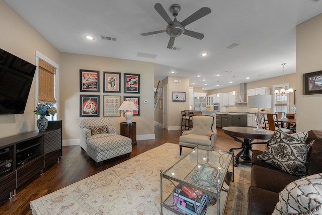 5313 Ridgedale Ave, Dallas, TX 75206 - living room with a ceiling fan, dark wood-style flooring, a chandelier, baseboards, and recessed lighting