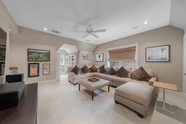 5313 Ridgedale Ave, Dallas, TX 75206 - living room with lofted ceiling, ceiling fan, light carpet, baseboards, and recessed lighting