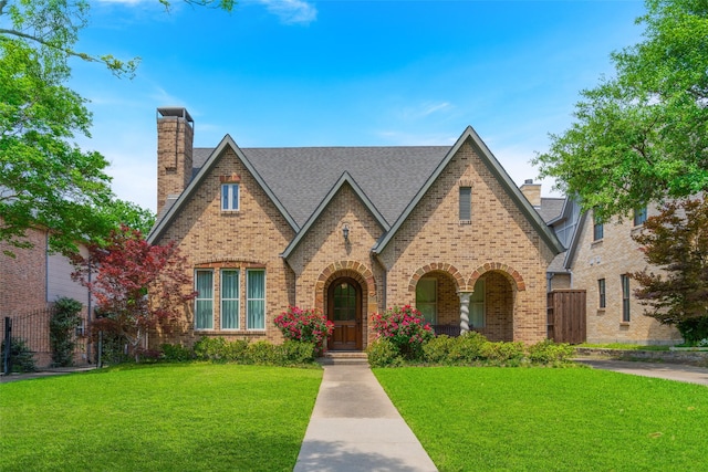 5313 Ridgedale Ave, Dallas, TX 75206 - tudor-style house featuring a chimney, brick siding, and a shingled roof