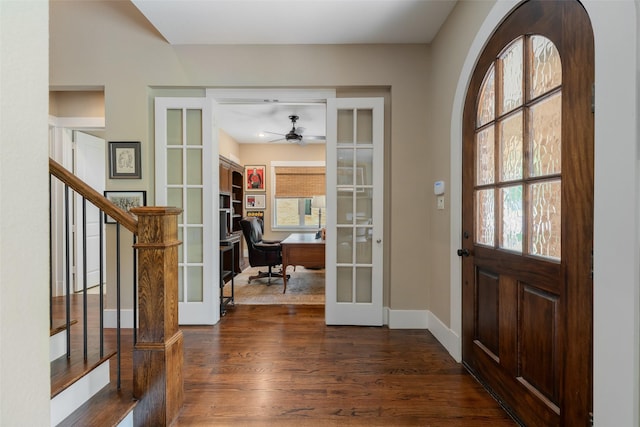 5313 Ridgedale Ave, Dallas, TX 75206 - entryway featuring french doors, a ceiling fan, dark wood-type flooring, baseboards, and stairway