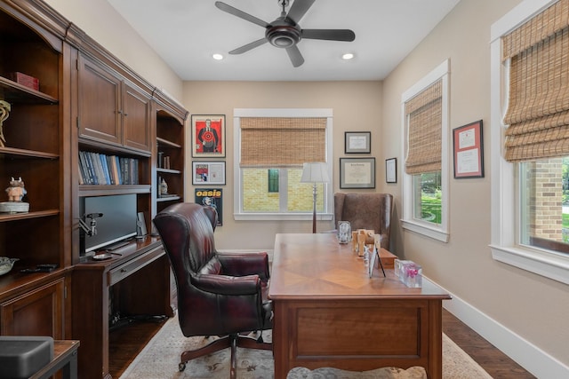 5313 Ridgedale Ave, Dallas, TX 75206 - office with dark wood-style floors, a ceiling fan, baseboards, and recessed lighting