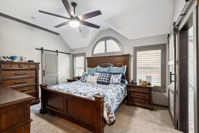 bedroom featuring ceiling fan, light colored carpet, a barn door, baseboards, and lofted ceiling