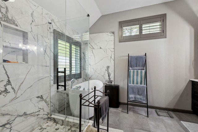 full bathroom with vaulted ceiling, a marble finish shower, a soaking tub, and vanity
