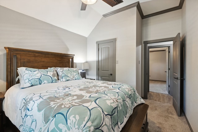 carpeted bedroom with ornamental molding, a ceiling fan, and lofted ceiling