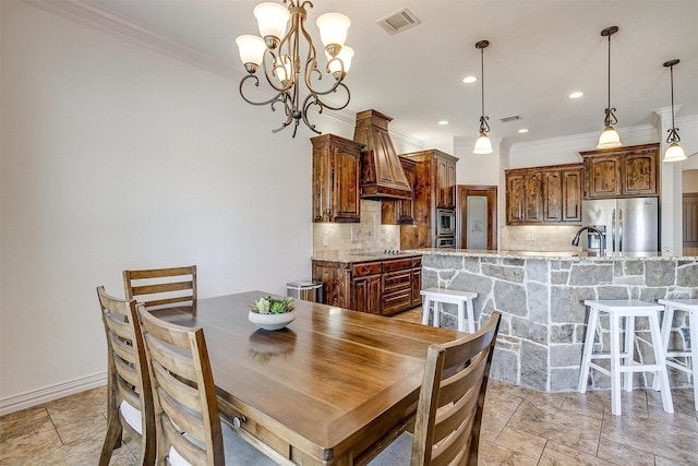 dining area with crown molding, recessed lighting, visible vents, and a chandelier