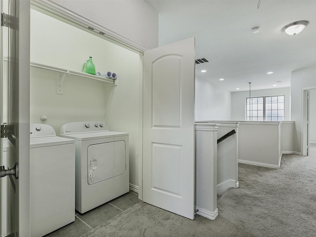 clothes washing area with visible vents, washer and dryer, recessed lighting, carpet, and laundry area