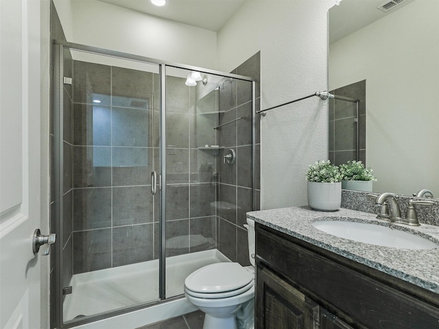bathroom with toilet, visible vents, a shower stall, and vanity