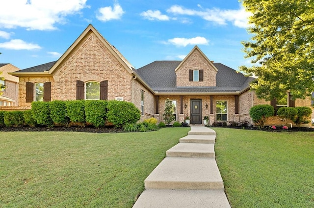 view of front facade featuring roof with shingles, a front lawn, and brick siding