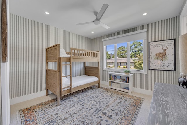 7141 Lyre Ln, Dallas, TX 75214 - carpeted bedroom with wallpapered walls, baseboards, recessed lighting, and ceiling fan