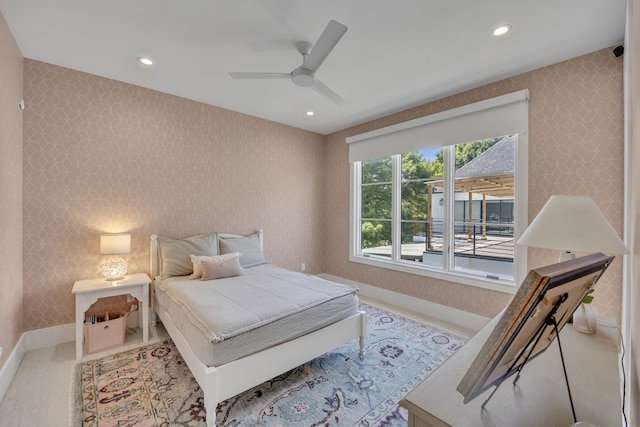 7141 Lyre Ln, Dallas, TX 75214 - bedroom with baseboards, recessed lighting, a ceiling fan, and wallpapered walls