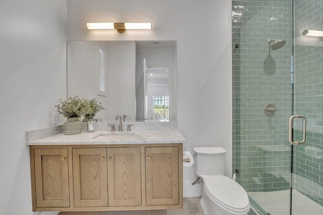 full bath featuring vanity, toilet, and a stall shower