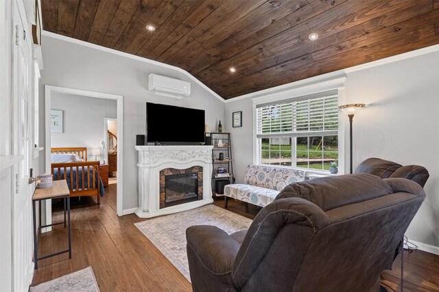 living area with ornamental molding, dark wood-type flooring, a wall mounted AC, wooden ceiling, and vaulted ceiling