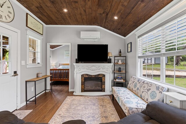 living room featuring crown molding, wood finished floors, lofted ceiling, a wall mounted AC, and wood ceiling