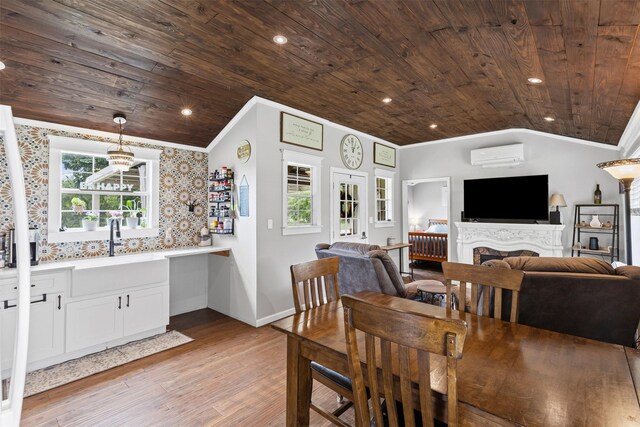 dining area with wooden ceiling, ornamental molding, a wall mounted AC, and lofted ceiling