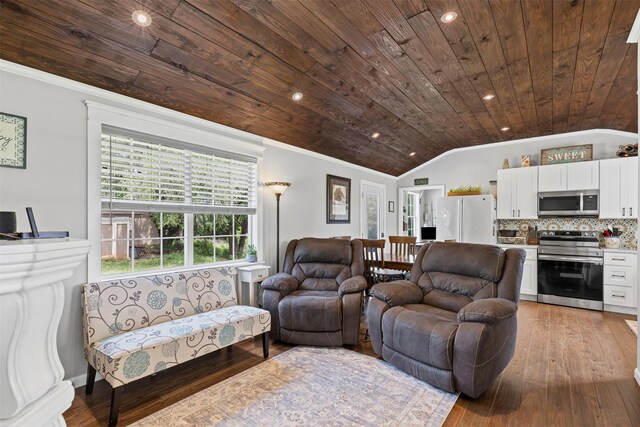 living room with crown molding, wooden ceiling, lofted ceiling, recessed lighting, and hardwood / wood-style floors