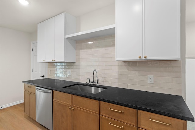 kitchen with stainless steel dishwasher, a sink, white cabinets, and decorative backsplash