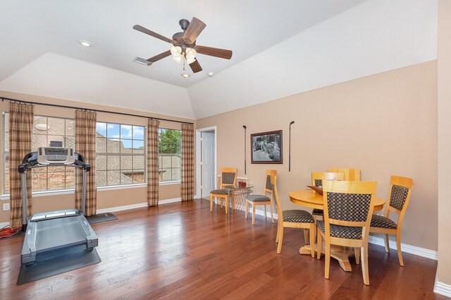 905 Maybach Ct, Mckinney, TX 75071 - exercise area featuring ceiling fan, wood finished floors, baseboards, lofted ceiling, and recessed lighting