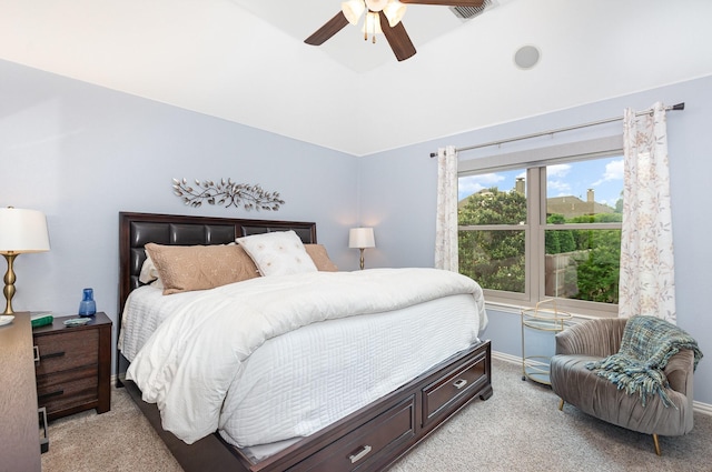 905 Maybach Ct, Mckinney, TX 75071 - bedroom featuring visible vents, lofted ceiling, baseboards, ceiling fan, and light colored carpet