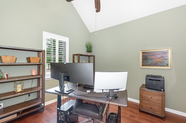 905 Maybach Ct, Mckinney, TX 75071 - home office featuring baseboards, ceiling fan, wood finished floors, and high vaulted ceiling