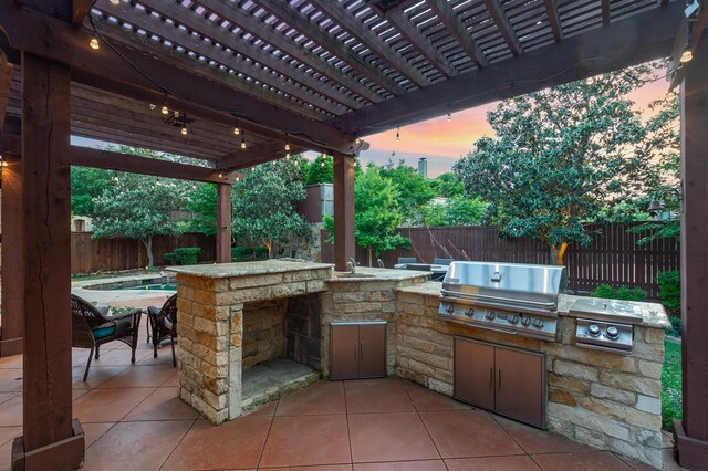 905 Maybach Ct, Mckinney, TX 75071 - patio terrace at dusk with a pergola, grilling area, area for grilling, and a fenced backyard