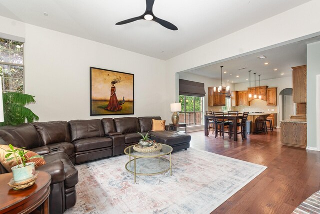905 Maybach Ct, Mckinney, TX 75071 - living area with recessed lighting, arched walkways, a ceiling fan, and dark wood-style floors
