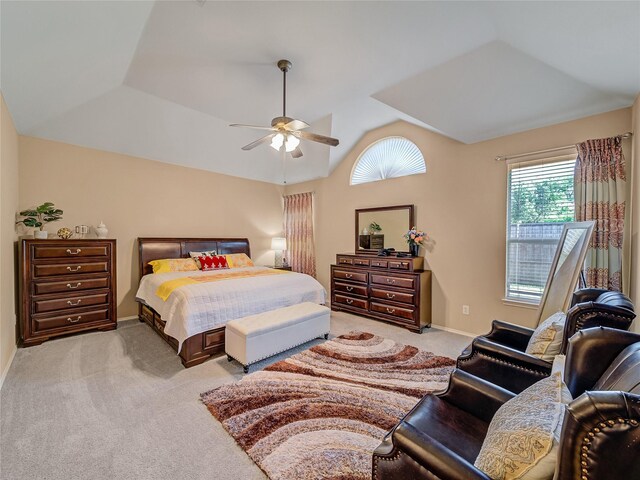 3115 Reagenea Dr, Wylie, TX 75098 - bedroom featuring light colored carpet, baseboards, ceiling fan, and lofted ceiling