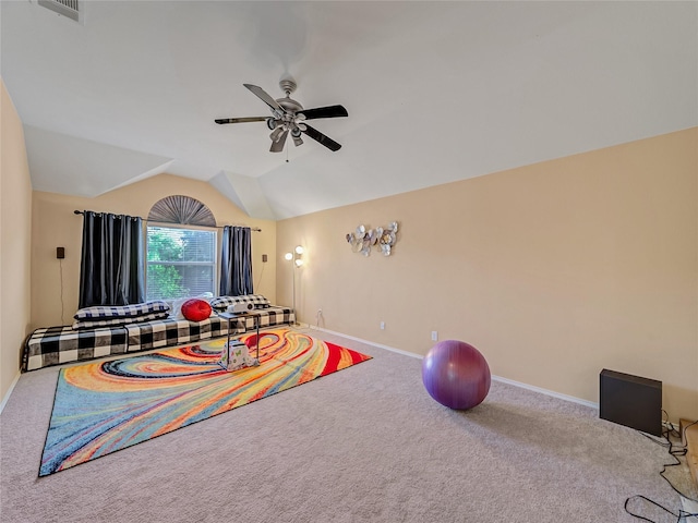 3115 Reagenea Dr, Wylie, TX 75098 - interior space featuring carpet flooring, ceiling fan, visible vents, baseboards, and vaulted ceiling
