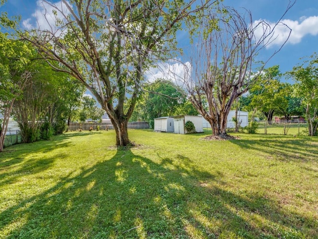 view of yard with a storage unit, an outdoor structure, and a fenced backyard