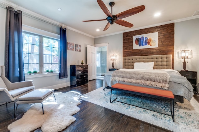 bedroom with recessed lighting, a ceiling fan, baseboards, ornamental molding, and wood finished floors