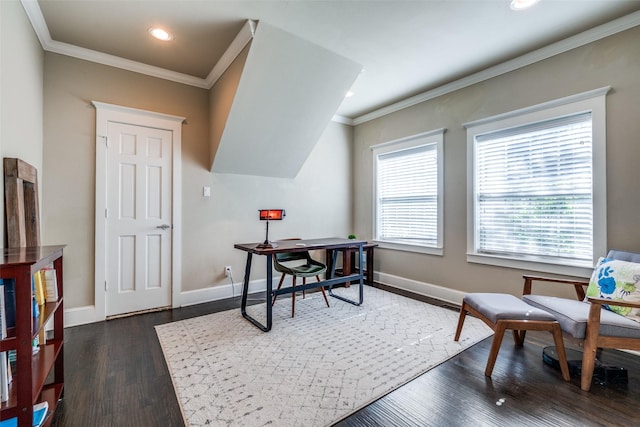 office area featuring crown molding, recessed lighting, dark wood-style flooring, and baseboards